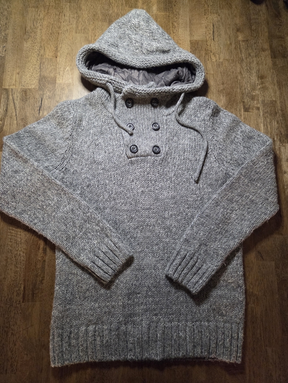 Made In Italy Thick Knit Wool Blend Fisherman Quilted Lined Hood Pull Over